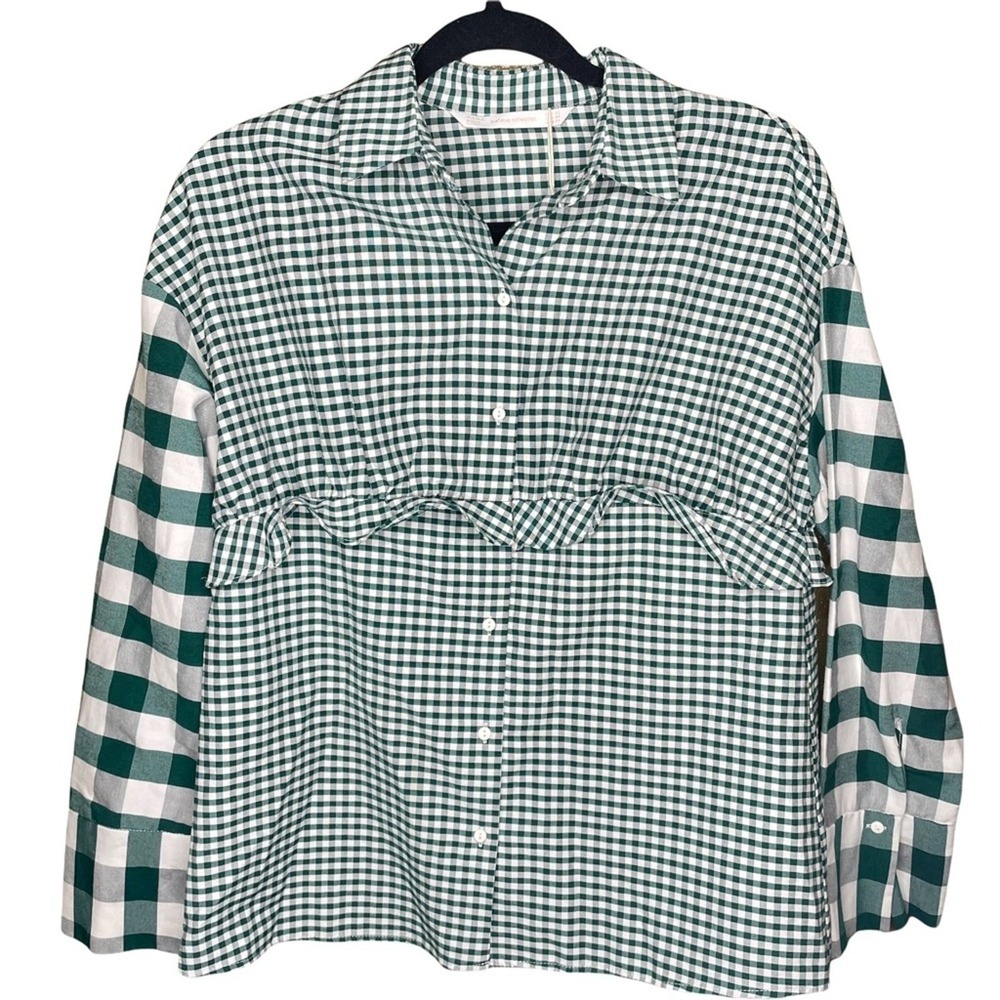 Zara Trafaluc Green Gingham Ruffle Mixed Print Button Down Shirt XS NEW